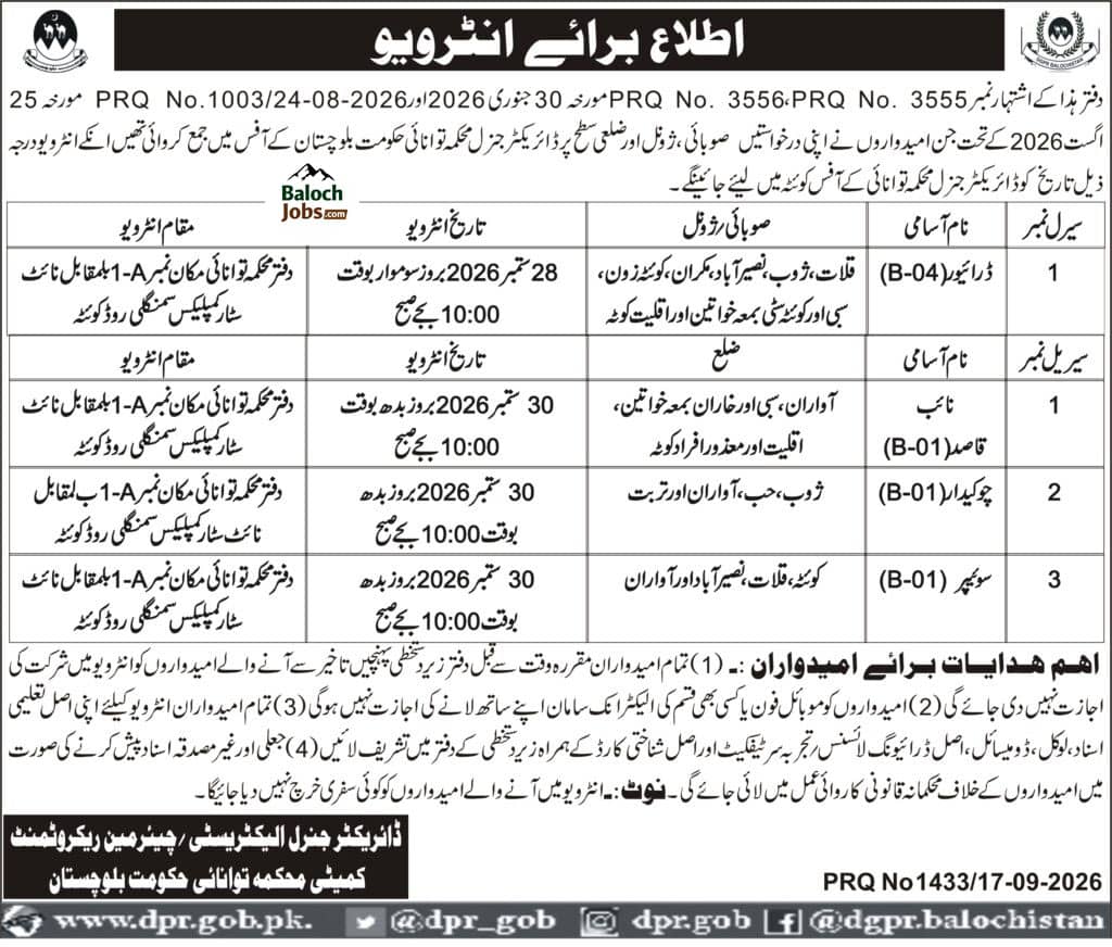 Energy Department Balochistan Interview Schedule 2026 Advertisement