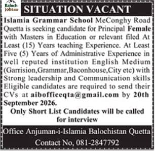 Islamia Grammar School Quetta Jobs 2026 Advertisement