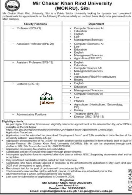 Mir Chakar Khan Rind University Sibi Jobs 2026 Advertisement