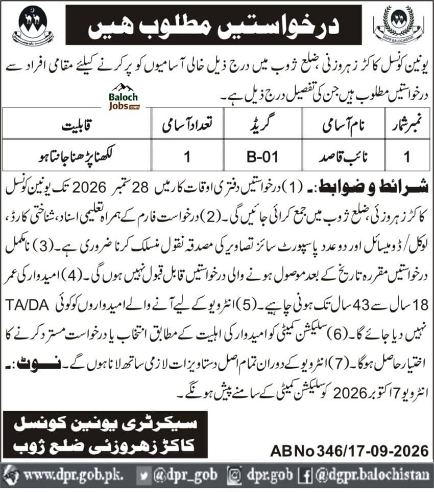 Union Council Zhob Jobs 2026 Advertisement 