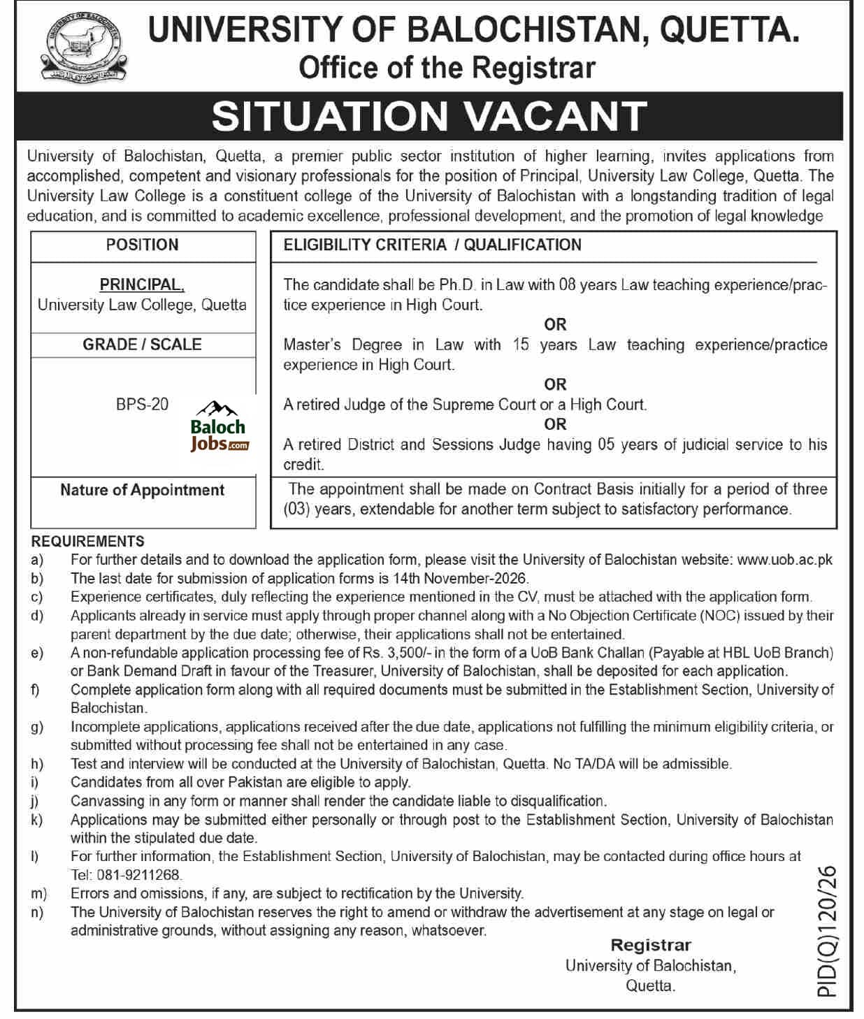 University Of Balochistan Quetta Jobs 2026 Advertisement
