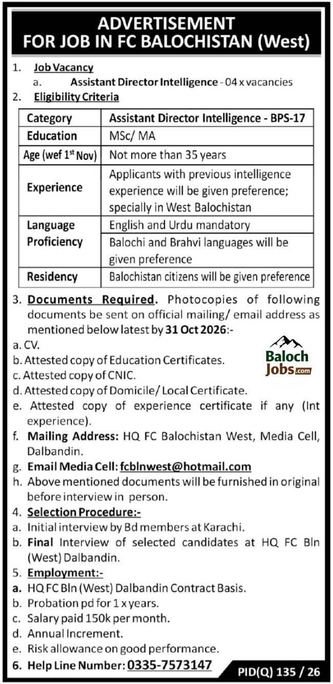 FC Balochistan Jobs 2026 Official Advertisement