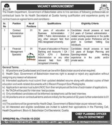 Health Department Balochistan Jobs 2026 Advertisement