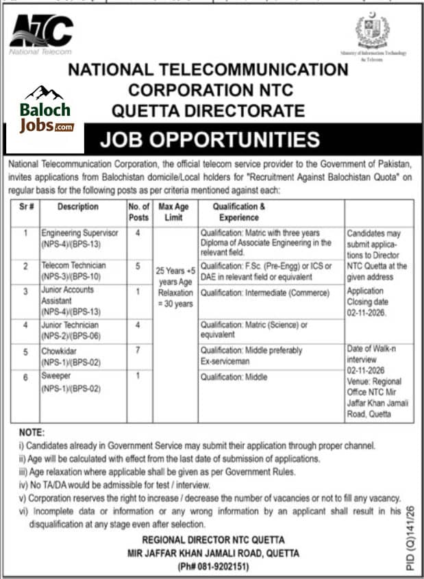National Telecommunication Corporation NTC Quetta Jobs 2026 Official Advertisement
